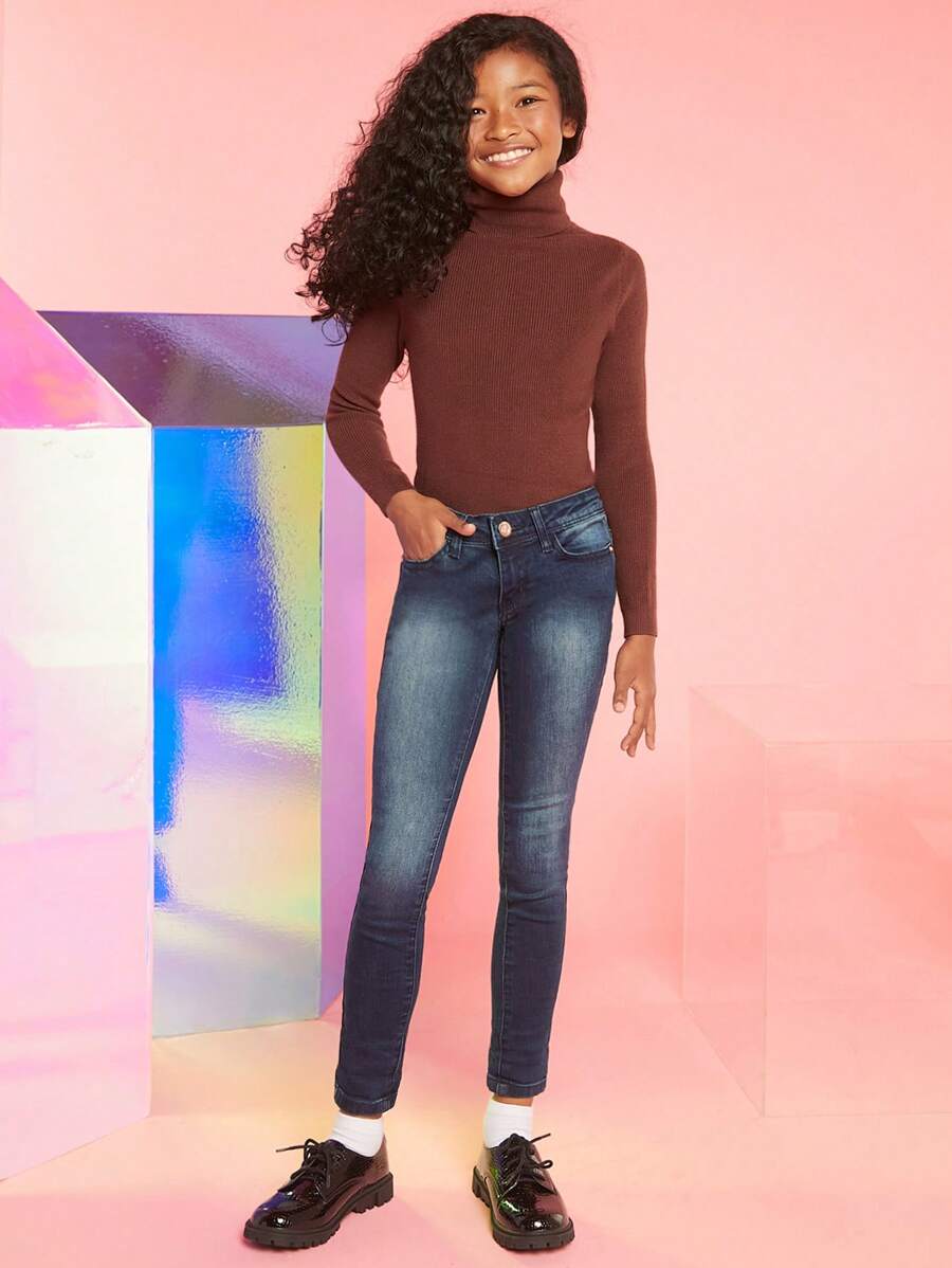 青少年女孩高腰牛仔褲 - 深色水洗藍 - 查看 1