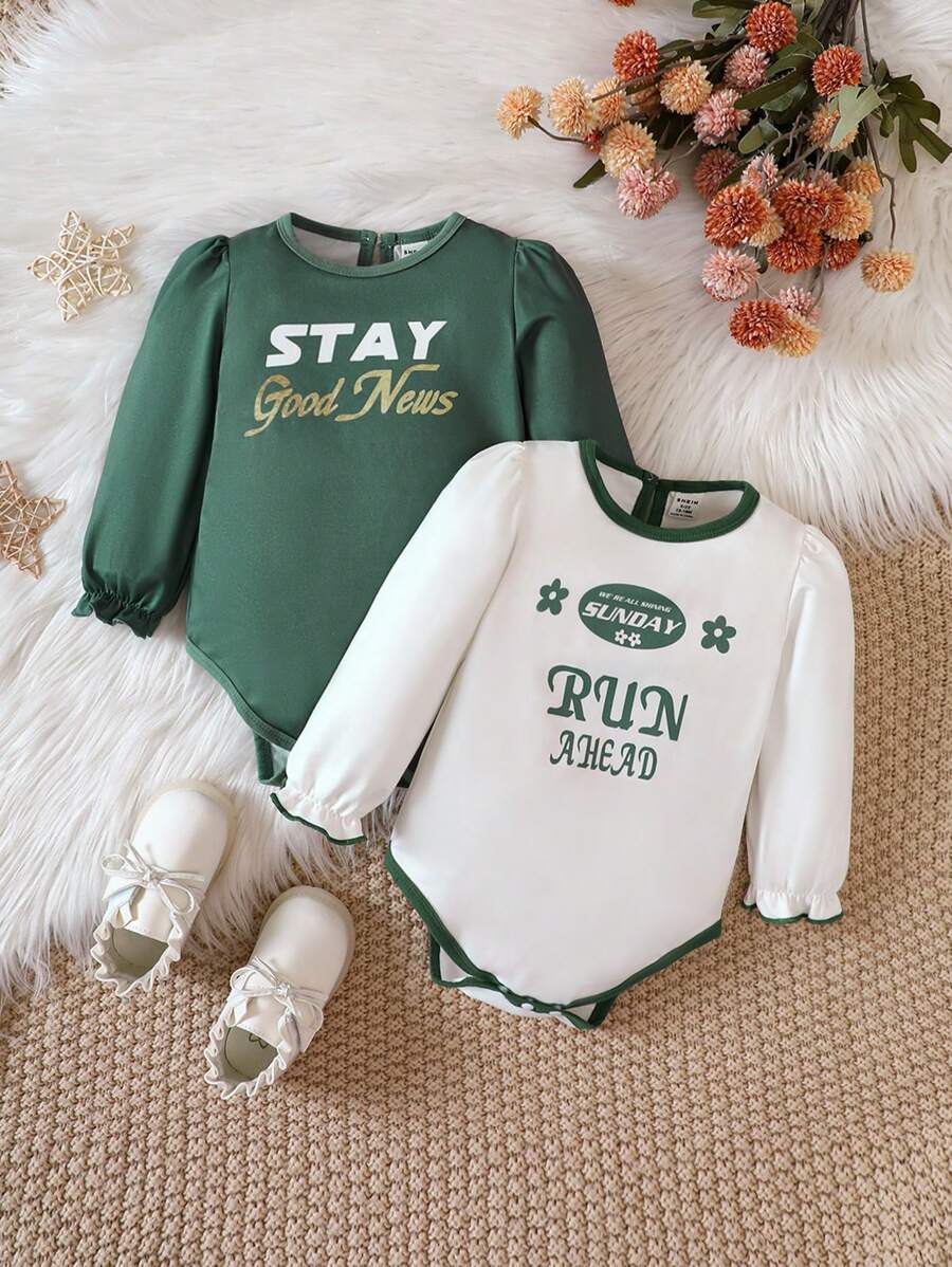 Cô gái 2 Miếng Đồ họa Chữ cái Tương phản ràng buộc tay áo lá sen Áo liền quần chặt - Nhiều màu - Xem 1