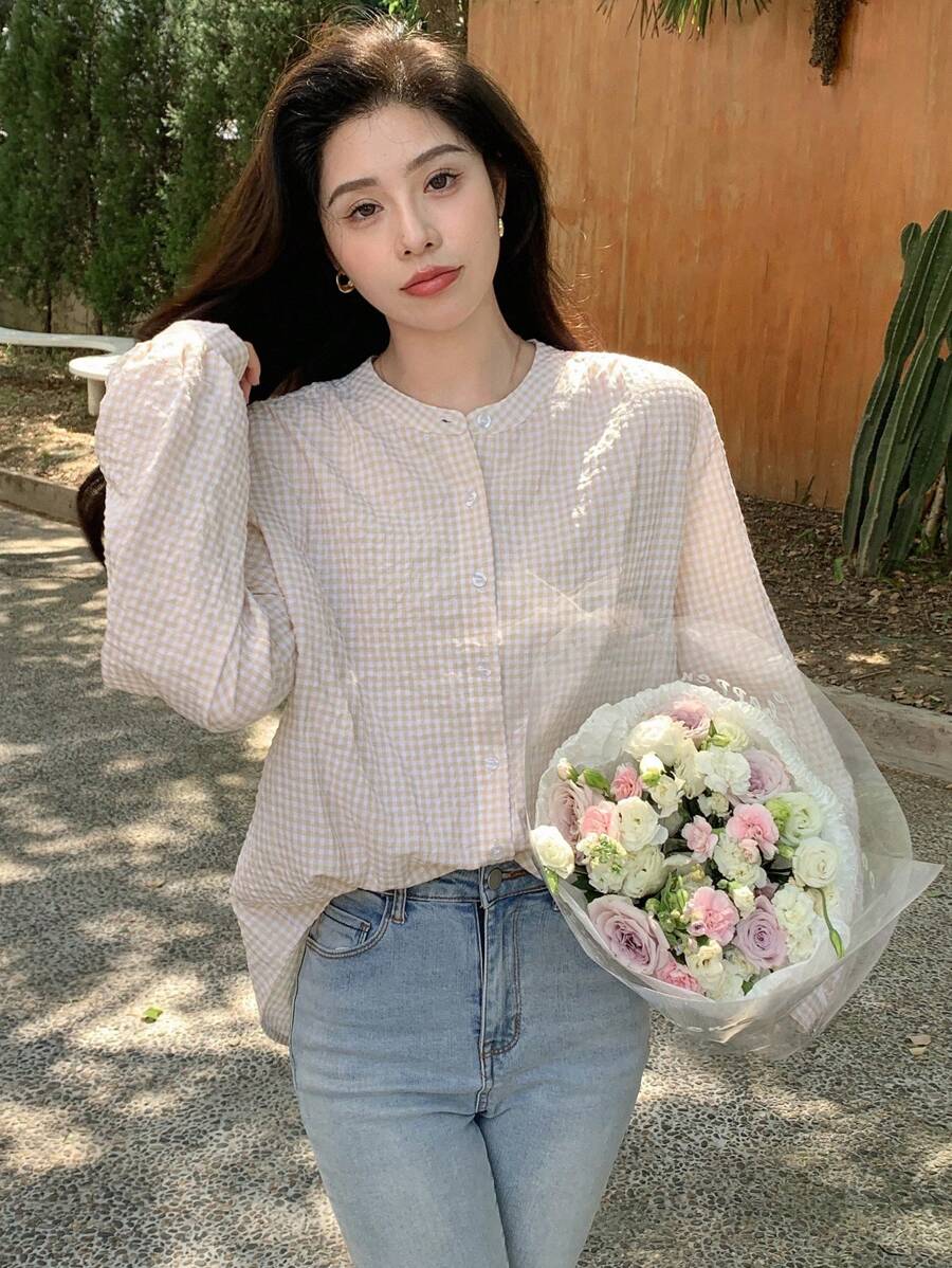 DAZY 格紋鈕扣襯衫 - 杏色 - 查看 1