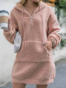 Simplee Kangaroo Pocket Drop Shoulder Drawstring Teddy Hoodie Dress - Pink - View 5