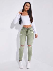 Jeans ajustados desgarro - Verde militar - Ver 1