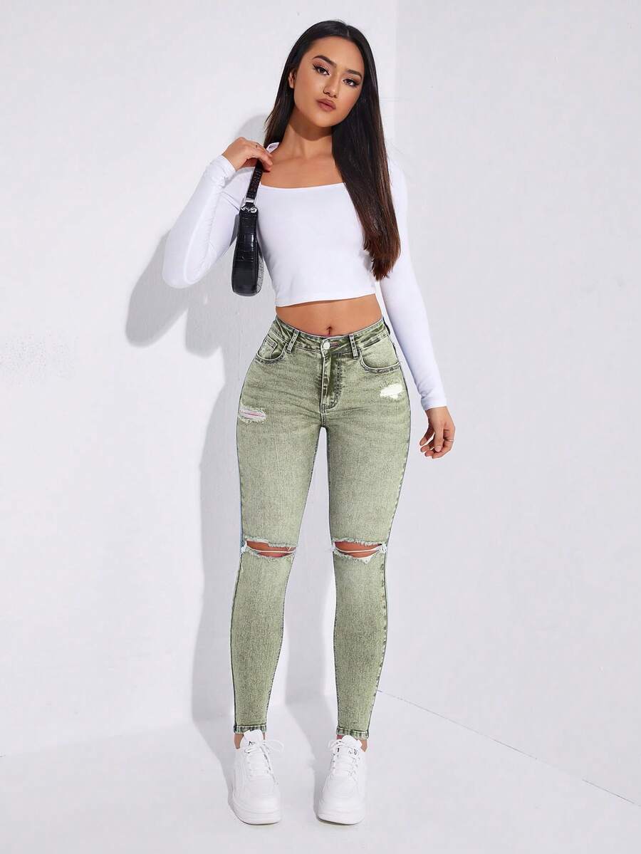 Jeans ajustados desgarro - Verde militar - Ver 1