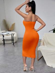 SHEIN SXY Solid Tube Bodycon Dress,Prom Dress - Orange - View 2