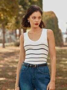 SHEIN Frenchy 條紋圖案針織上衣 - 黑與白 - 查看 4