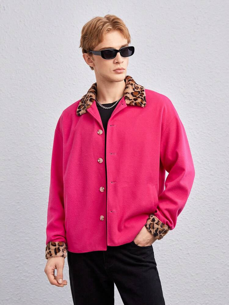 1pc Loose Fit Overcoat With Contrast Leopard Collar And Drop Shoulders, For Fall Winter