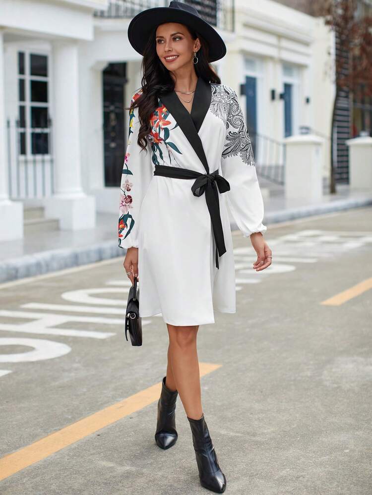 Floral Print Shawl Collar Belted Dress
