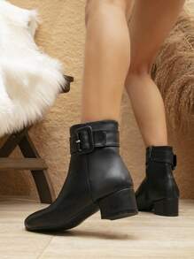 Fall/Winter High Heels Side Zipper Women's Fashion Boots, Elegant Round Toe Thick Heel Party, Holiday, Wedding Shoes With Rhinestone Ribbon & Bow Decor - Black - View 3