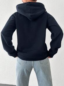 EURMUSE 100%纯棉休闲纯色口袋抽绳连帽衫 - 藏蓝色 - 查看 2