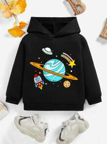 SHEIN 小男孩休闲卡通图案长袖卫衣，适合秋冬季 - 黑色 - 查看 1