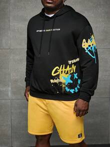 Manfinity RebelGame Men Plus Slogan Graphic Drawstring Hoodie & Shorts - Black - View 4