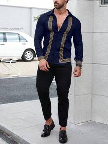 Manfinity AFTRDRK Men Geo Print Button Up Shirt - Navy Blue - View 5