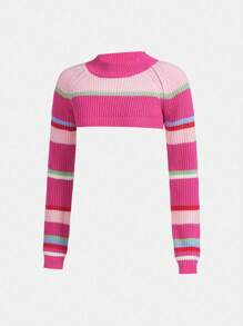 Teen Girl Striped Pattern Raglan Sleeve Crop Sweater - Multicolor - View 4