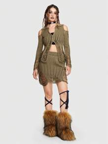 ROMWE Grunge Punk Striped Pattern Cold Shoulder Distressed Cardigan - Camel - View 2