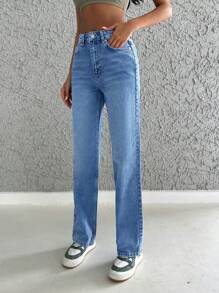 Cottnline Washed Straight Leg Jeans - Royal Blue - View 3