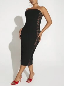 SHEIN SXY 大尺碼蕾絲拼接緊身抹胸連身裙 - 黑色 - 查看 3