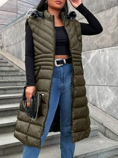 EURMUSE Plus Fuzzy Trim Hooded Puffer Vest Coat