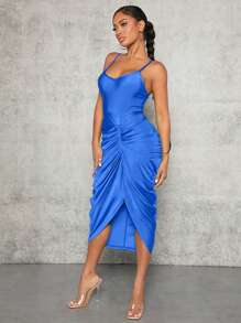 SHEIN SXY Solid Ruched Front Cami Dress - Royal Blue - View 6