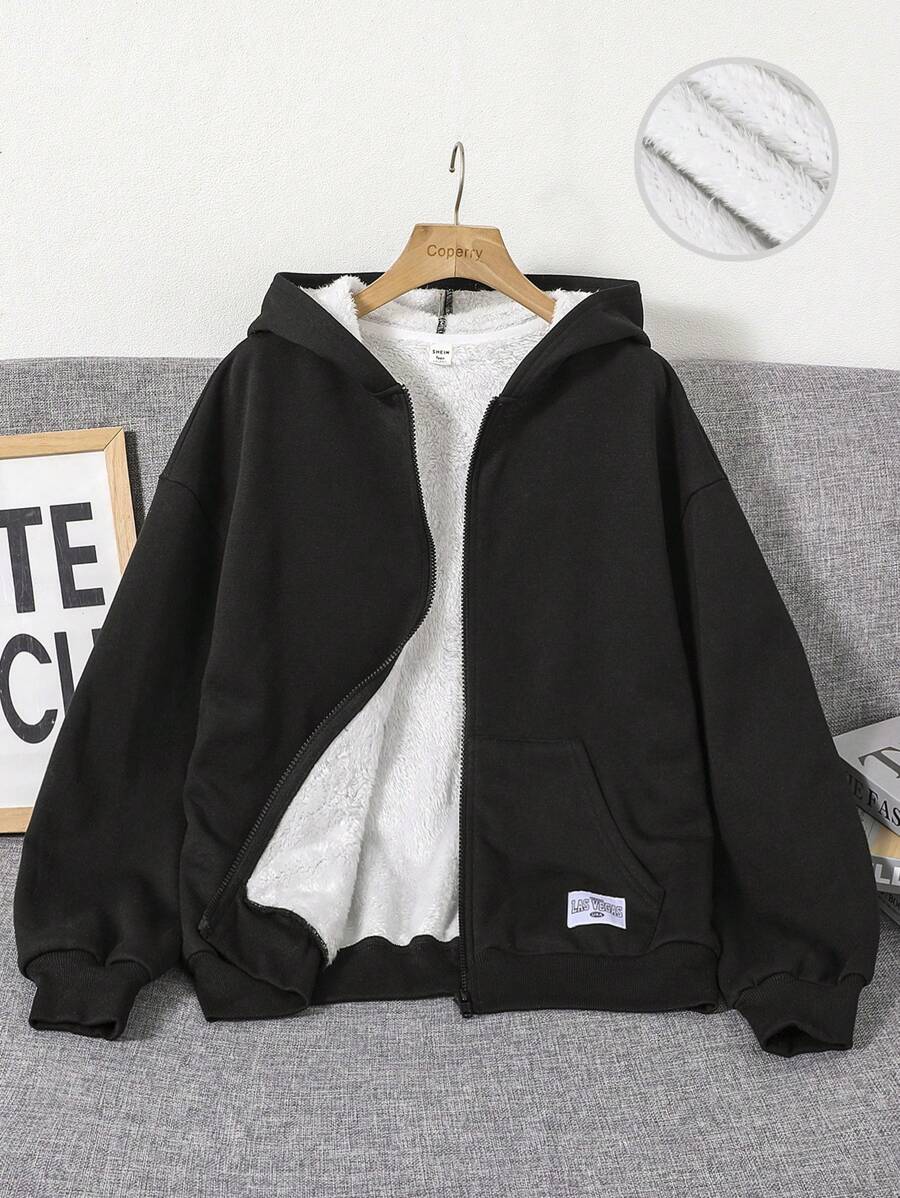 Teen Girl 1pc Letter Patched Detail Drop Shoulder Zip Up Sweatshirt - Black - View 1