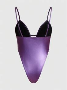 SHEIN ICON Buckle Front PU Leather Cami Bodysuit - Purple - View 2