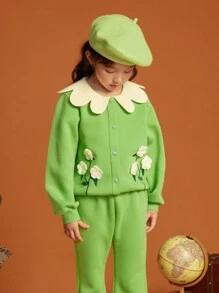 Tween Girl Floral Embroidery Peter Pan Collar Lantern Sleeve Jacket & Flare Leg Pants - Green - View 5
