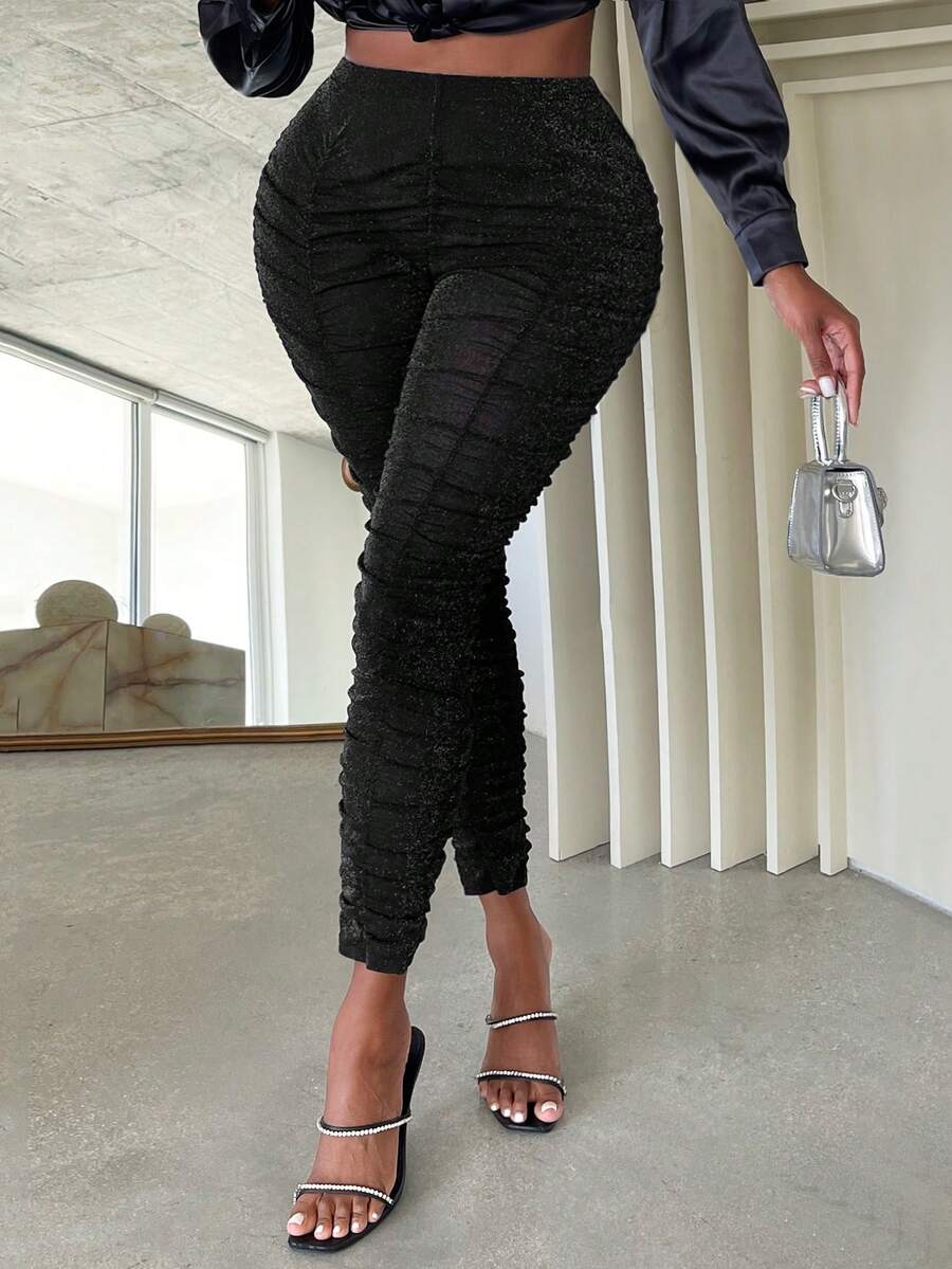 Slaydiva High Waist Ruched Mesh Leggings - Black - View 1