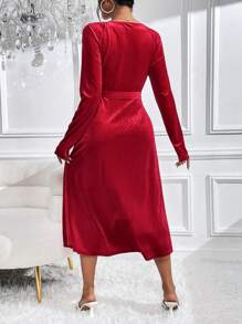 Zolique 純色裹身結側天鵝絨洋裝 - 酒紅色 - 查看 2