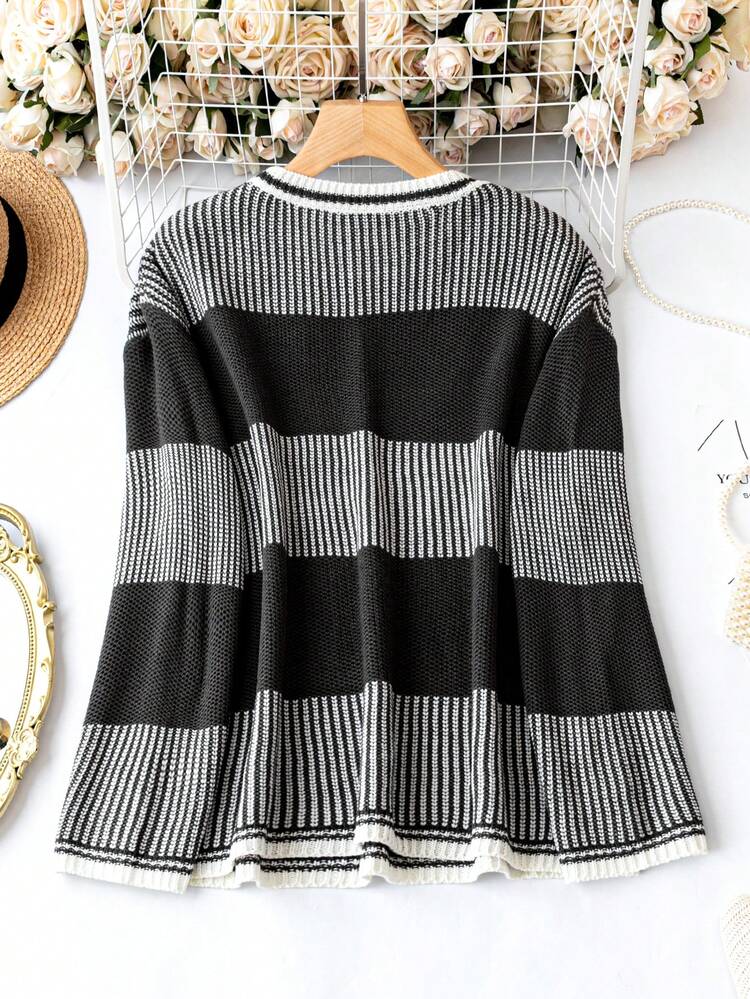 Plus Striped Pattern Colorblock Drop Shoulder Sweater Knit Pullover Fall Winter Sweater