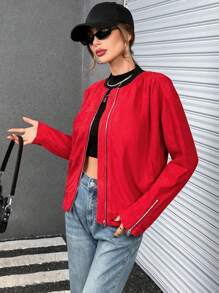 SHEIN Essnce Dây kéo Chất rắn Dây kéo Áo khoác - Đỏ - Xem 4