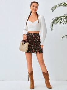 Soleia Vải in hoa Viền chia cắt Cord Váy - màu đen - Xem 5