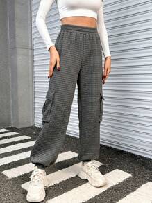 SHEIN Essnce Flap Pocket Side Elastic Waist Sweatpants - Dark Grey - View 1