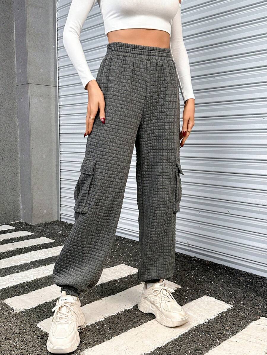 SHEIN Essnce Flap Pocket Side Elastic Waist Sweatpants - Dark Grey - View 1