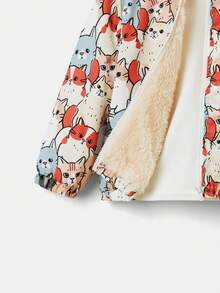 SHEIN 中性寶寶可愛小貓圖案加絨連帽中厚外套