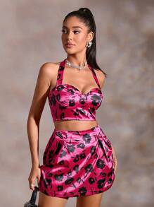 GENKIRA Allover Floral Print Crop Halter Top & Skirt - Multicolor - View 4