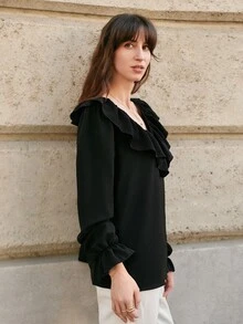 SHEIN Frenchy Ren tương phản Viền Ruffle Tay áo loe Áo sơ mi - màu đen - Xem 3