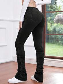 SHEIN Frenchy Slant Pocket Stacked Jeans Casual - Dark Grey - View 2