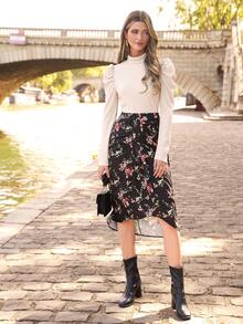 SHEIN Frenchy 印花荷葉邊不對稱下擺半身裙 - 黑色 - 查看 2