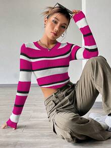 SHEIN Unity Áo len crop họa tiết sọc - Nhiều màu - Xem 3