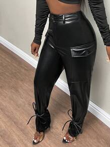 Slaydiva Flap Pocket Side Knot Hem PU Leather Pants - Black - View 2