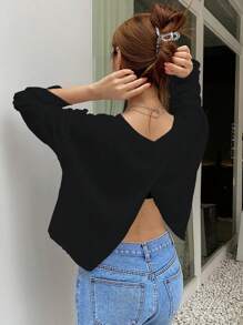 DAZY Women's Back Cross Wrap Drop Shoulder Top,Fall Clothes Long Sleeve Women Tops - Black - View 5