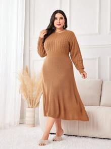 Mulvari 大碼麻花編織落肩袖毛衣洋裝 - 卡其色 - 查看 4