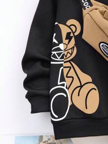 SHEIN Conjunto de Moletom com Capuz de Pelúcia de Urso para Meninos Pré-Adolescentes e Calça de Moletom com Bolso Canguru e Bolsa Transversal com Alça Suspensória com Estampa em Inglês, Flanelado Reforçado