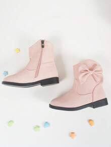 新款秋冬重型平底舒適防滑女童大蝴蝶結靴子，非常適合萬聖節和聖誕節派對 - 粉色 - 查看 4