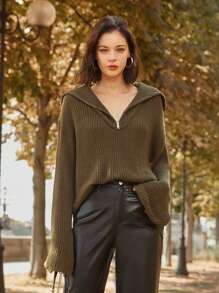 SHEIN Frenchy Suéter con hombros caídos y cuello marinero - Verde militar - Ver 6