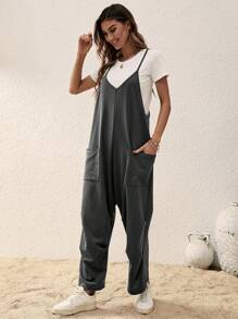 SHEIN LUNE Mono de tirantes de pierna ancha con doble bolsillo sin camiseta - Gris - Ver 5