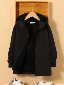 SHEIN 男大童反光熊和字母圖案連帽加絨內裏外套 - 黑色 - 查看 3