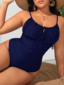 SHEIN Swim Curve Summer Beach Plus Ruched Bust Tie Front One Piece Swimsuit - Navy Blue - View 3