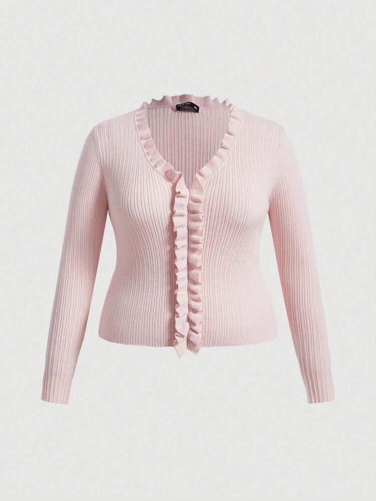 Plus Frill Trim Ribbed Knit Sweater