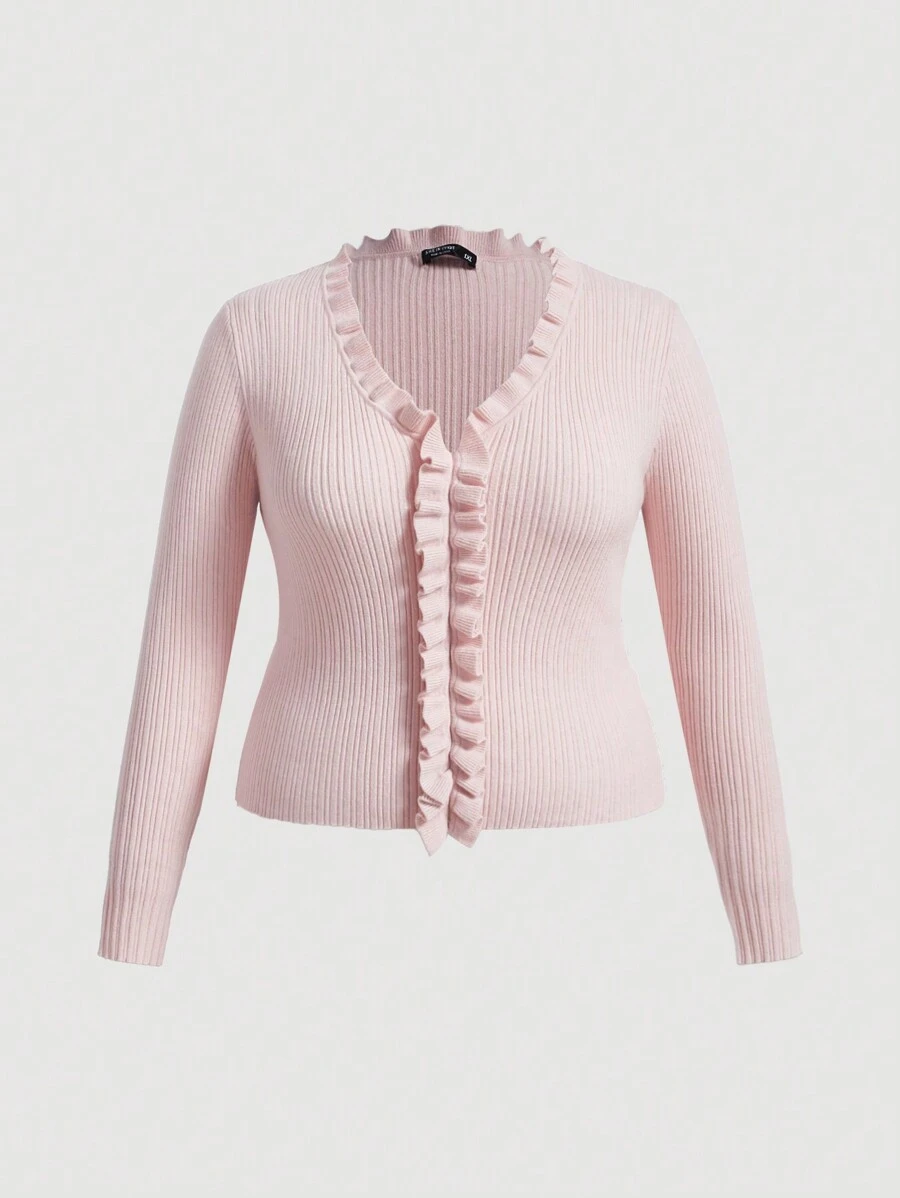 SHEIN MOD Plus Frill Trim Ribbed Knit Sweater - Pink - View 1
