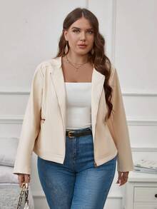 SHEIN Clasi 大碼拉鏈開襟PU皮革夾克 - 米色 - 查看 3