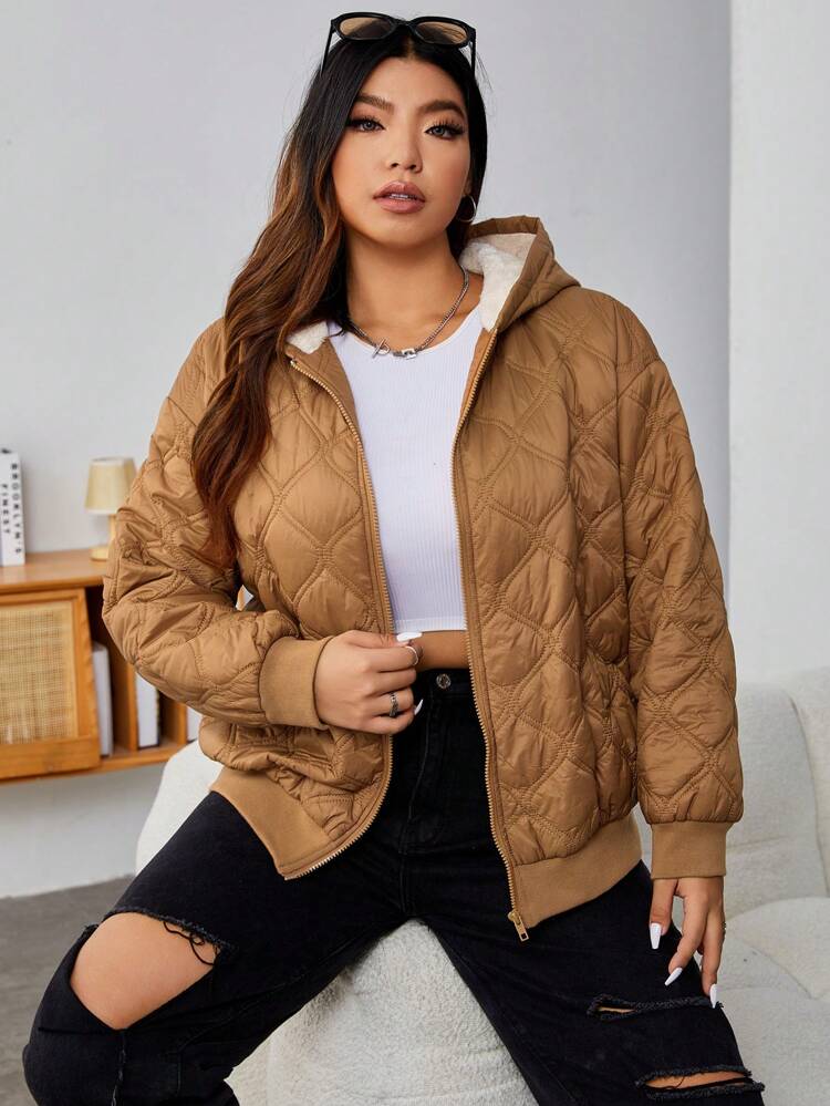Plus Slant Pockets Plush Lined Hooded Quilted Coat